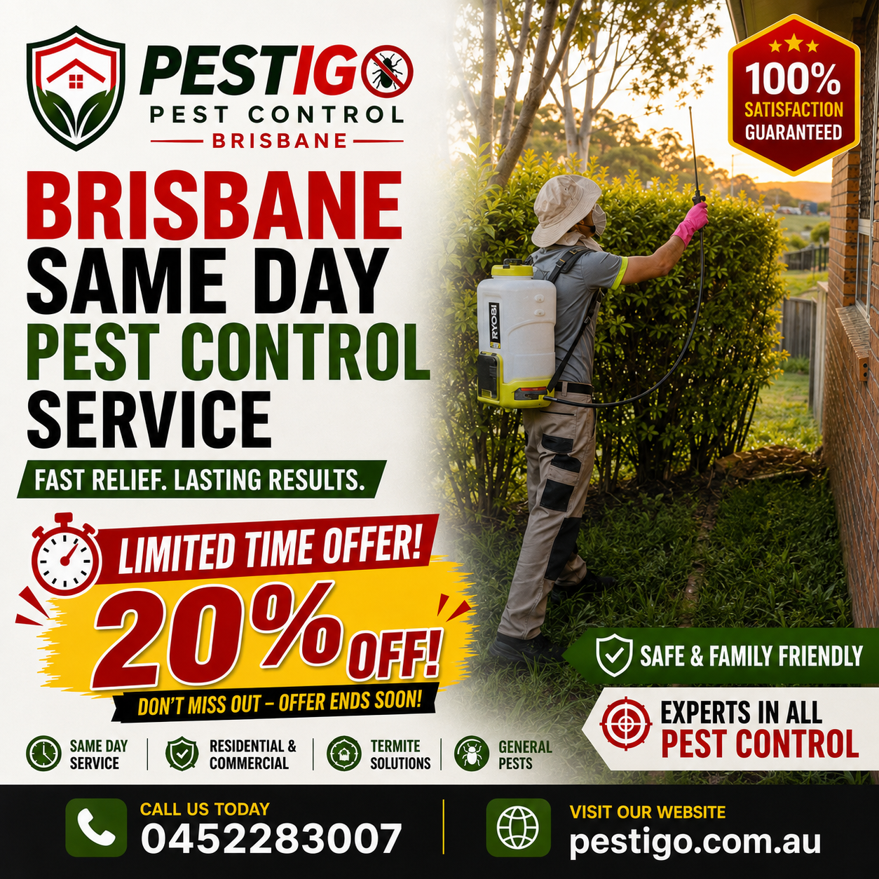 Pestigo Brisbane pest control promotional graphic with technician photo and contact details