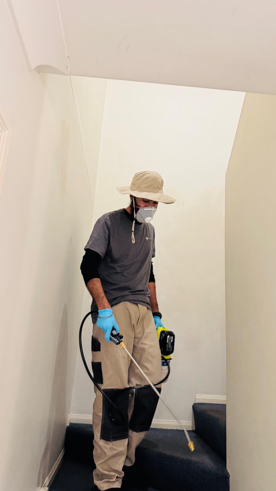 Pestigo technician carrying out stairwell pest control treatment